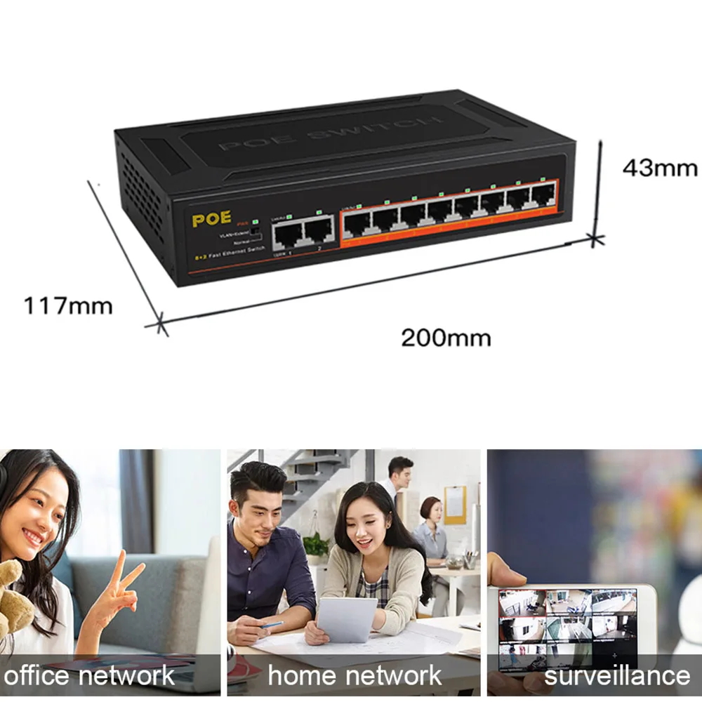TEROW POE Switch de 10 portas 100Mbps Ethernet Smart Switch 93W 8+2 UpLink Com o Poder Interno & Relâmpago de Proteção e Isolamento de VLAN Imagem 4