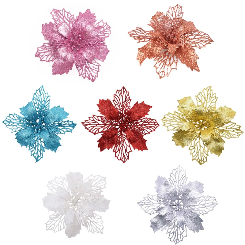 10pcs/lot 10 cm de Natal Artificial Flores Glitter Leiteira para Enfeites de Árvore de Natal de Plástico Falso Decoração de Flores Imagem 1