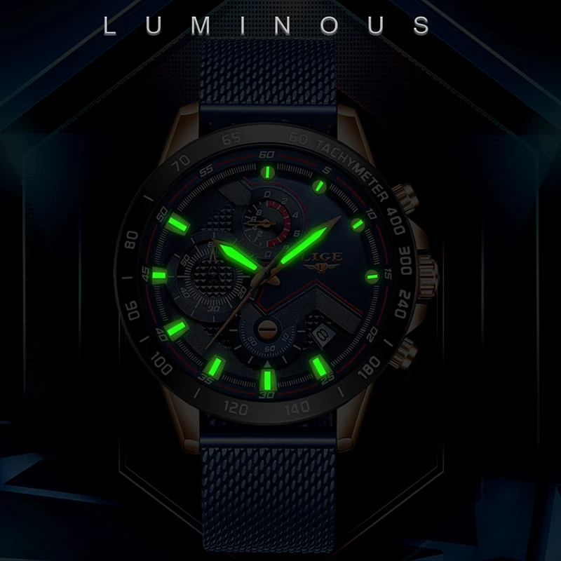 2021 Nova Moda Casual Mens Relógios Luminosos LIGE de melhor Marca de Luxo relógio de Pulso Relógio de Quartzo Azul relógios Para Homens Relógio Masculino Imagem 3