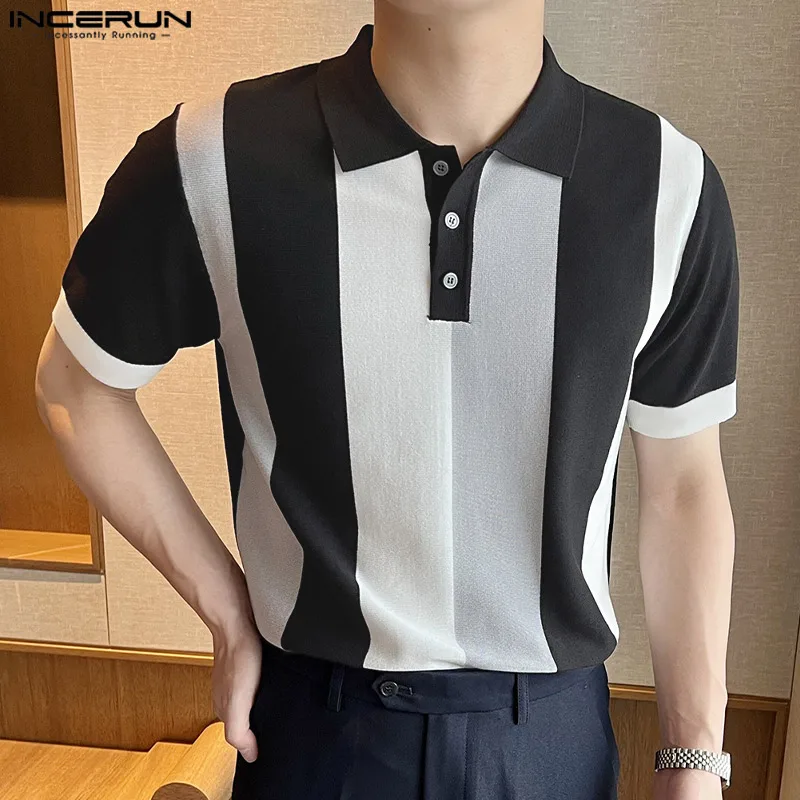 2022 Camisa de Homens de Retalhos de Lapela de Manga Curta coreano Casuais Roupas de Malha Streetwear Elegante Lazer Camisas S-5XL INCERUN Imagem 1
