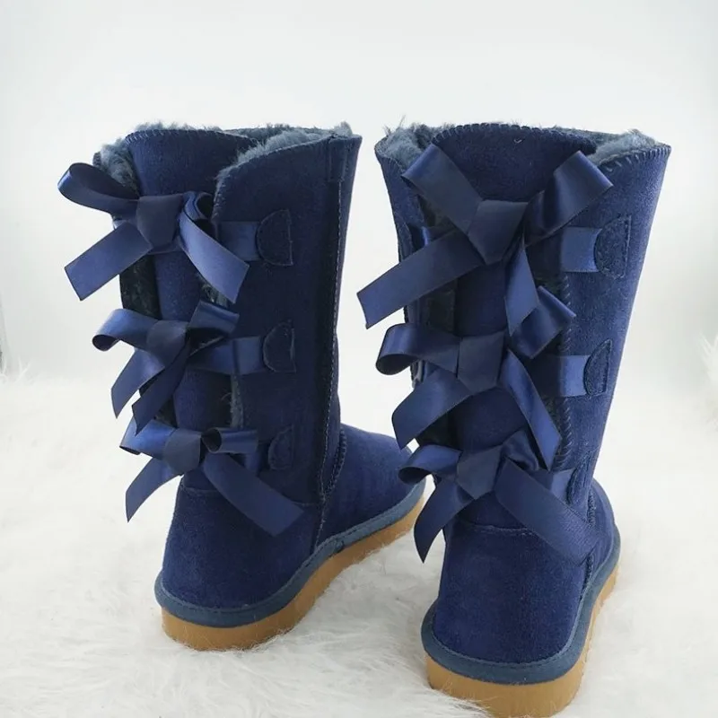2022 Clássico da Moda de Inverno Bowknot de Couro Genuíno de Alta Mulher Botas de Neve Grosso de Pelúcia Dentro de Sapatos femininos Quente Sapatos Imagem 1
