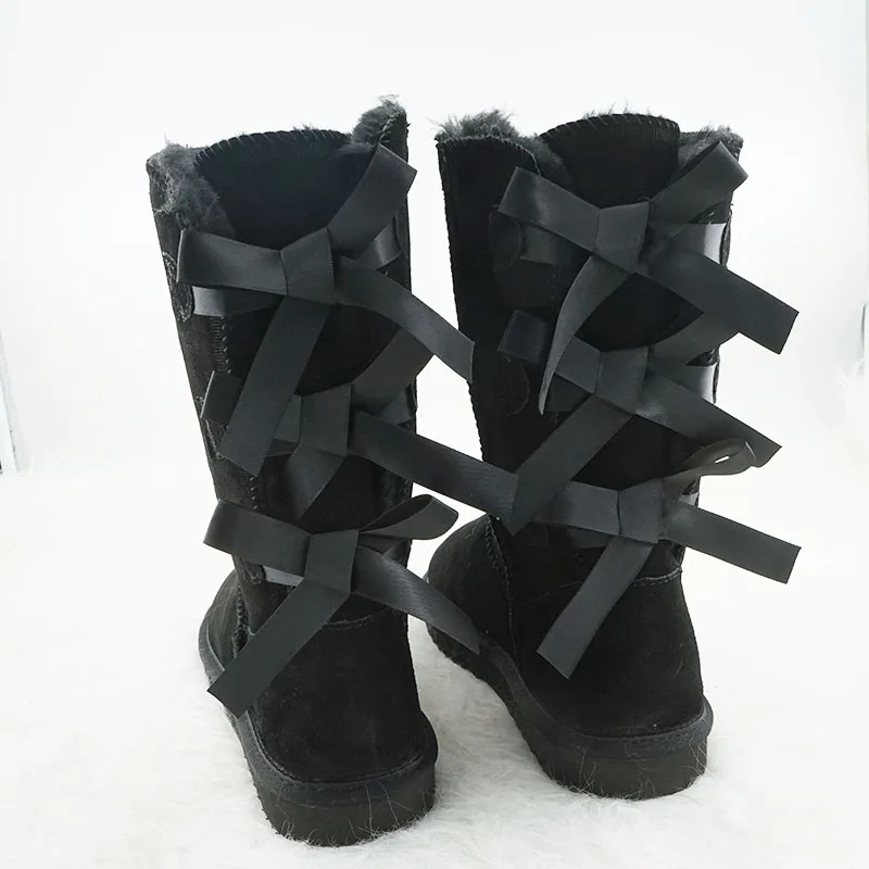 2022 Clássico da Moda de Inverno Bowknot de Couro Genuíno de Alta Mulher Botas de Neve Grosso de Pelúcia Dentro de Sapatos femininos Quente Sapatos Imagem 2