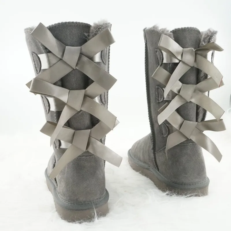 2022 Clássico da Moda de Inverno Bowknot de Couro Genuíno de Alta Mulher Botas de Neve Grosso de Pelúcia Dentro de Sapatos femininos Quente Sapatos Imagem 3