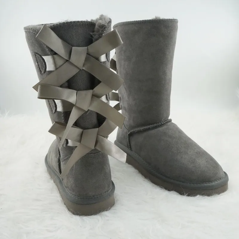 2022 Clássico da Moda de Inverno Bowknot de Couro Genuíno de Alta Mulher Botas de Neve Grosso de Pelúcia Dentro de Sapatos femininos Quente Sapatos Imagem 5