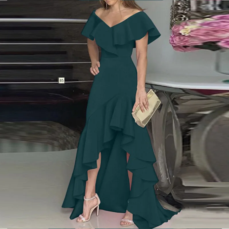 2022 Europeu e Americano temperamento V-pescoço plissado irregular vestido elegante vestido Imagem 2