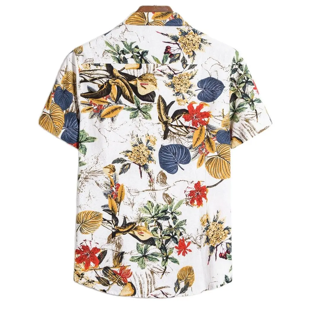 2022 Homens Étnicos Shirts De Manga Curta Casual Camisa Havaiana Blusa De Ajuste Solto Praia Vintage Floral Pássaro Impresso Shirt Para Homem Superior Imagem 1