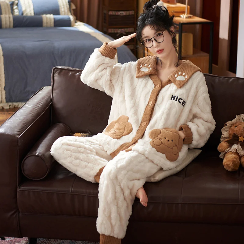 2022 Inverno Novo Pouco Perfumado Mulheres da Casa, Roupas Coral do Fleece Engrossado Suave Pijama Mulheres Conjunto de Pijamas Imagem 2