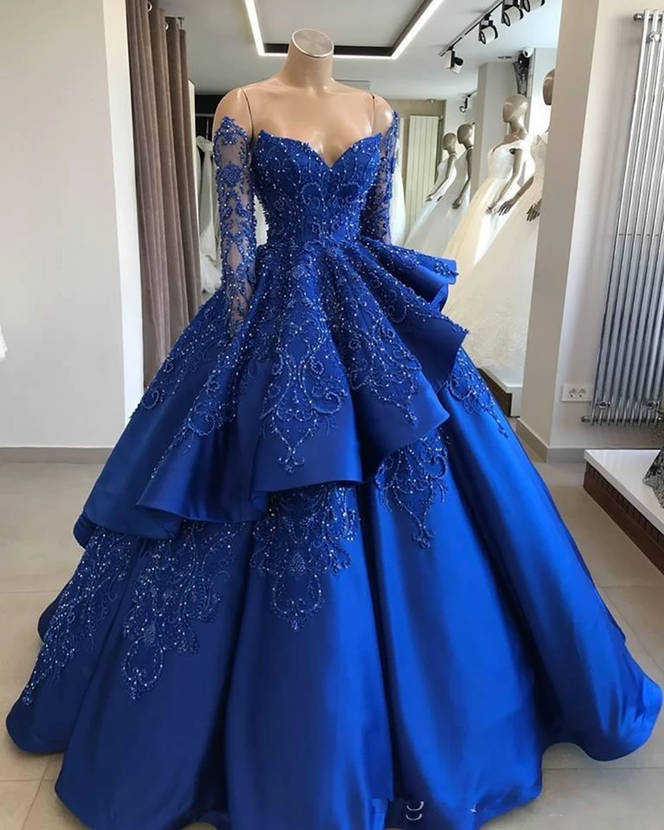 2022 Luxo Azul Royal Vestidos De Quinceanera Elegante Vestido De Bola Fora Do Ombro Esferas De Vestido De Gala 15 Anos Doces Vestidos De Festa Imagem 1
