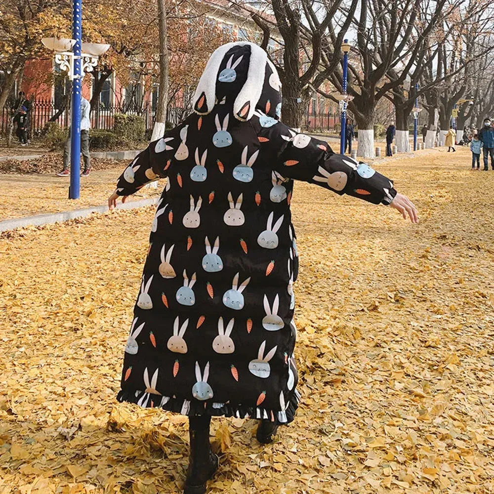 2022 Moda Bonito Orelhas De Coelho Longo, Parka Mulheres Casaco De Inverno Quente Com Capuz De Impressão Casaco De Algodão Mulher Solto E Casual Casaco Feminino Imagem 5