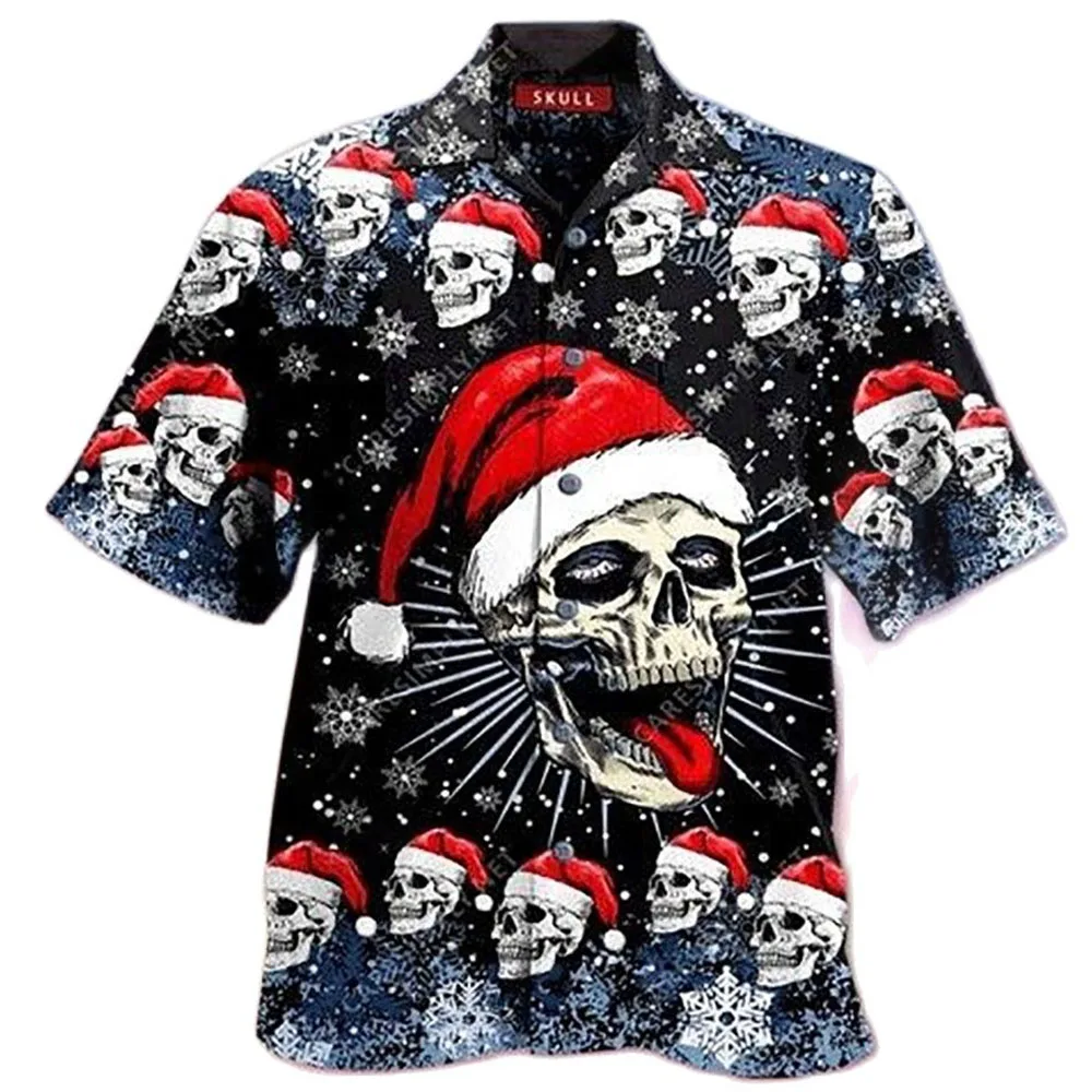 2022 Nova Chegada dos Homens de Camisas para Homens Havaiano Camicias Casual, Um Botão de Camisas de Natal Crânio Impresso Curto manga Blusas, Tops Imagem 1