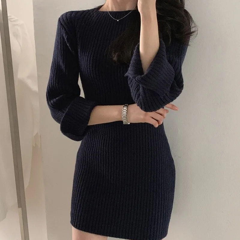 2022 Slim Sexy Sólido Vestidos Quente Grossa Camisola Vestido De Mulher Elegante Roupa Vintage Inverno Vestido Feminino Coreano Mulher Outono Imagem 1