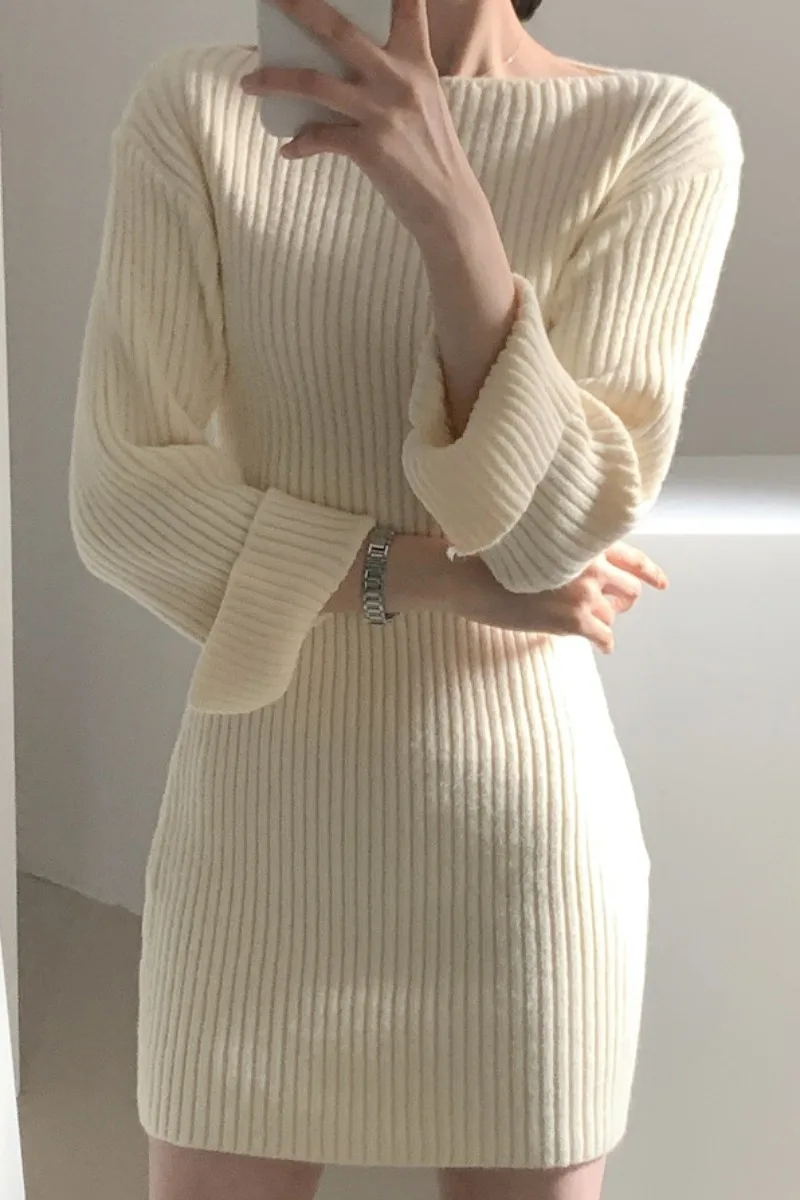2022 Slim Sexy Sólido Vestidos Quente Grossa Camisola Vestido De Mulher Elegante Roupa Vintage Inverno Vestido Feminino Coreano Mulher Outono Imagem 5