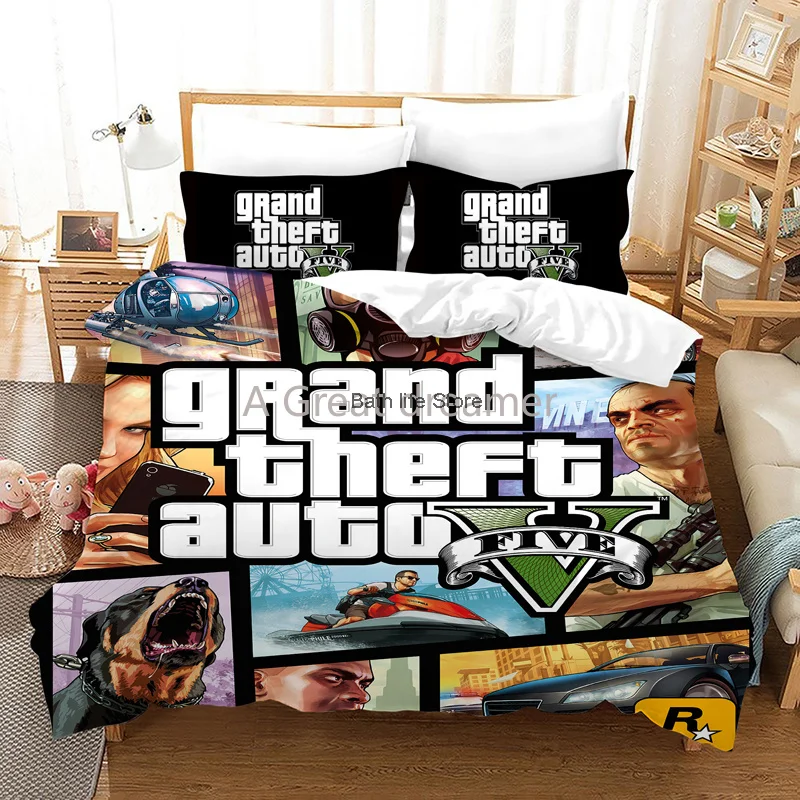 3d Jogo GTA V Conjunto de roupa de Cama Cartoon Capas de Edredão de Grand Theft Auto Roupa de Cama roupa de cama Com Fronha (Sem Folhas) Dropsjpping Imagem 1