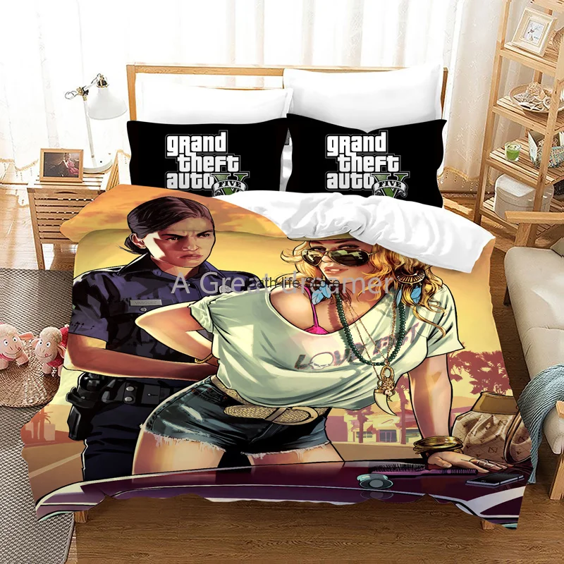 3d Jogo GTA V Conjunto de roupa de Cama Cartoon Capas de Edredão de Grand Theft Auto Roupa de Cama roupa de cama Com Fronha (Sem Folhas) Dropsjpping Imagem 3