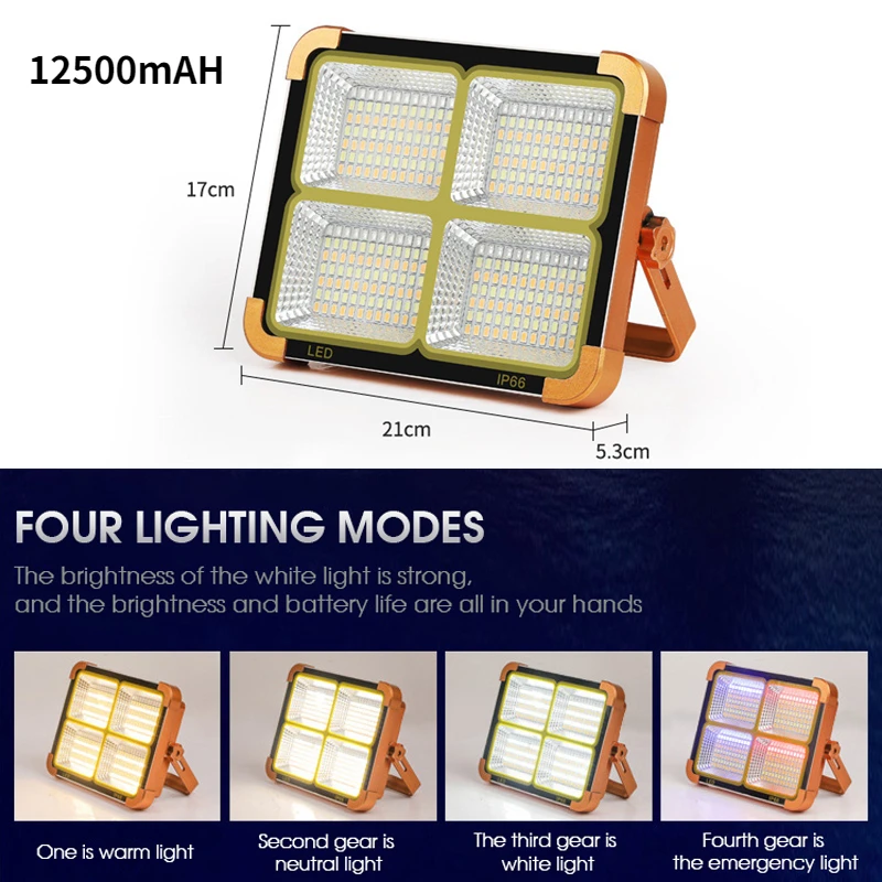 500W Portátil Exterior Solar da Luz de Inundação do USB Recarregável, Impermeável Lâmpada de Acampamento 4 Modos de Luz 12500mAh Trabalho de Construção Luzes Imagem 1