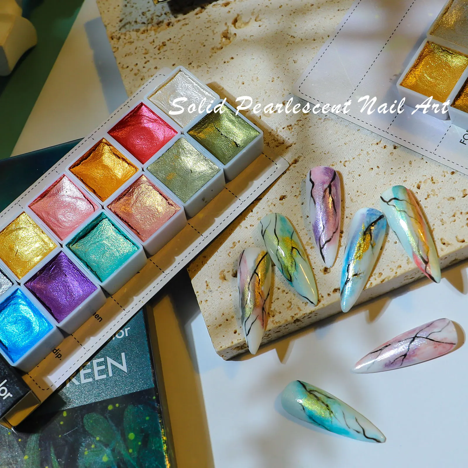 6 Cores de Glitter Mineral Perolado Aquarela Pigmento Sólido Aquarela Pó do Brilho da Arte do Prego de Livre Placa e Caneta Imagem 4