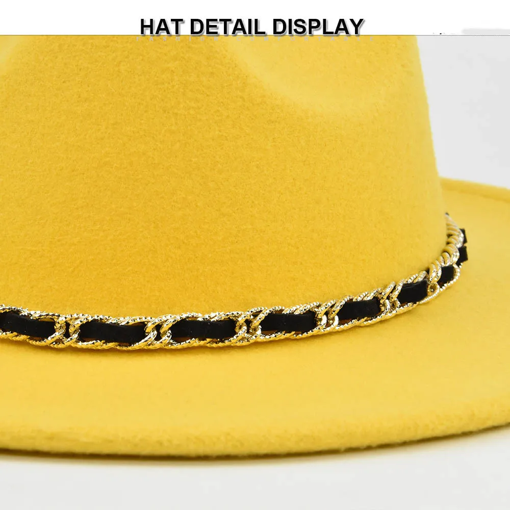A cadeia de chapéu fedora Britânico sentiu retro jazz chapéu grande de brim, chapéu alto e chapéu de lã retro grande aba do chapéu preto, chapéu alto e кепка мужская Imagem 5
