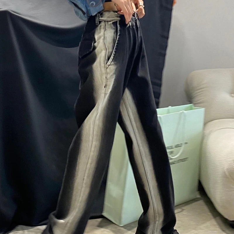 A Wide Leg Jeans Mulheres Gradiente Com Painéis De Comprimento Total Jeans Bonito Cintura Alta Largura De Perna Calças Soltas Feminino Corredores Design Moderno Imagem 4
