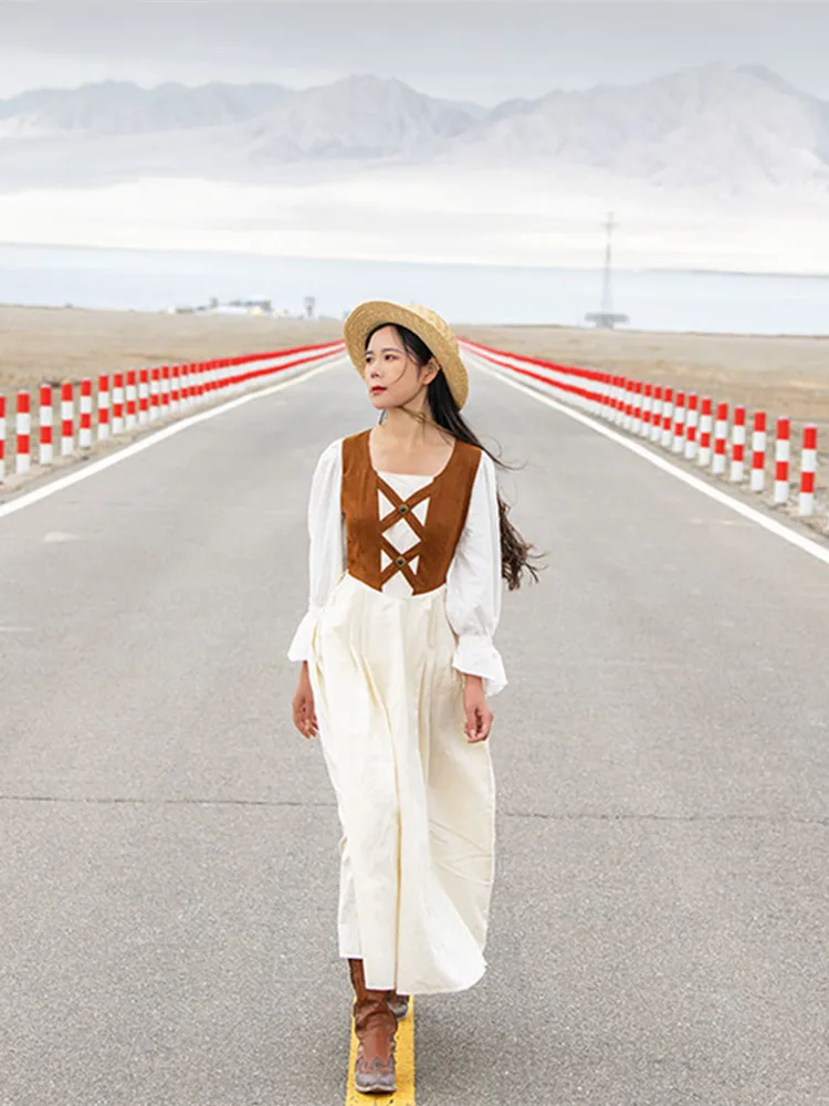 AIGYPTOS Primavera, Outono Elegante Maxi Vestido Para as Mulheres do Vintage da Baviera Pastoral Estilo Camurça Marrom com Retalhos de Algodão E Linho Vestido Imagem 1