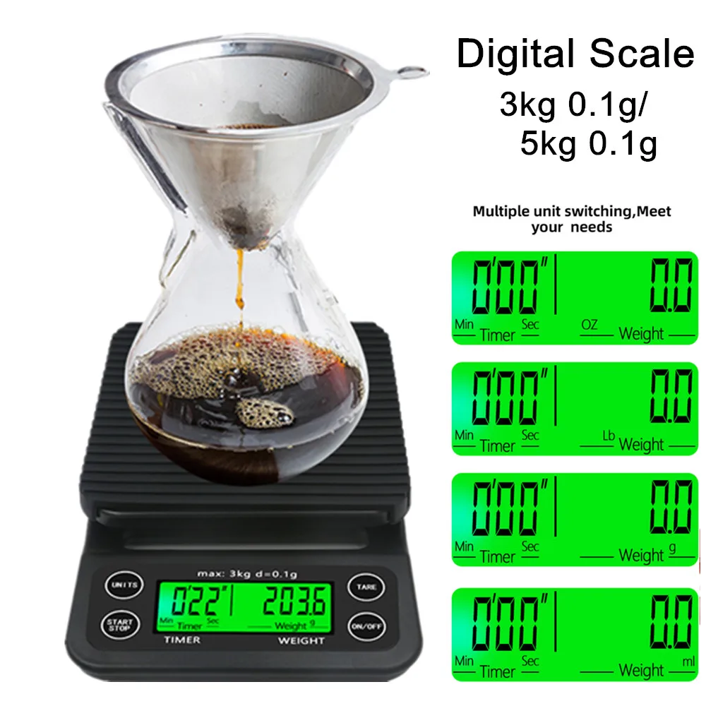 Alta Precisão de Café do Gotejamento Escala Com Temporizador Eletrônico Escala LCD Balanças de Cozinha 3kg/0,1 g 5kg/0,1 g balança Digital com luz de fundo Imagem 3