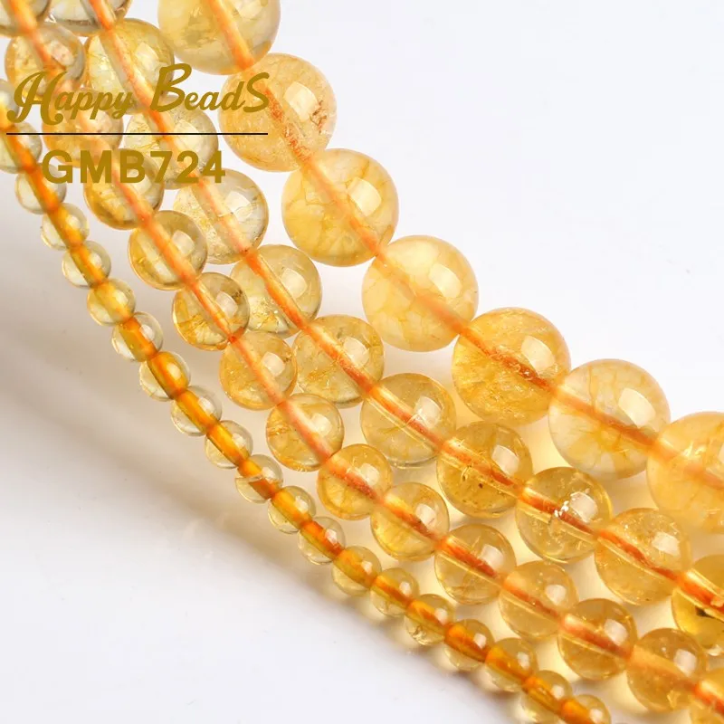 Amarelo Cristal de Quartzo Toil Contas Redondas de Pedra Solta Esferas Espaçador Para Fazer Jóias DIY Pulseira, Colar de 15