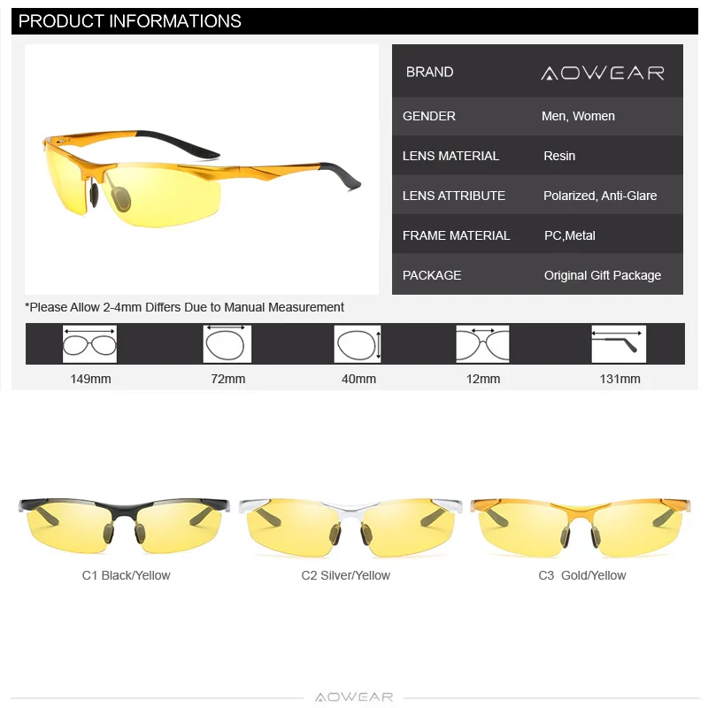 AOWEAR Homens Polarizado Noite de Óculos de Visão para a Condução de Óculos de Alumínio Amarela, Óculos de sol dos Homens Driver de Alta Qualidade de Óculos Imagem 3