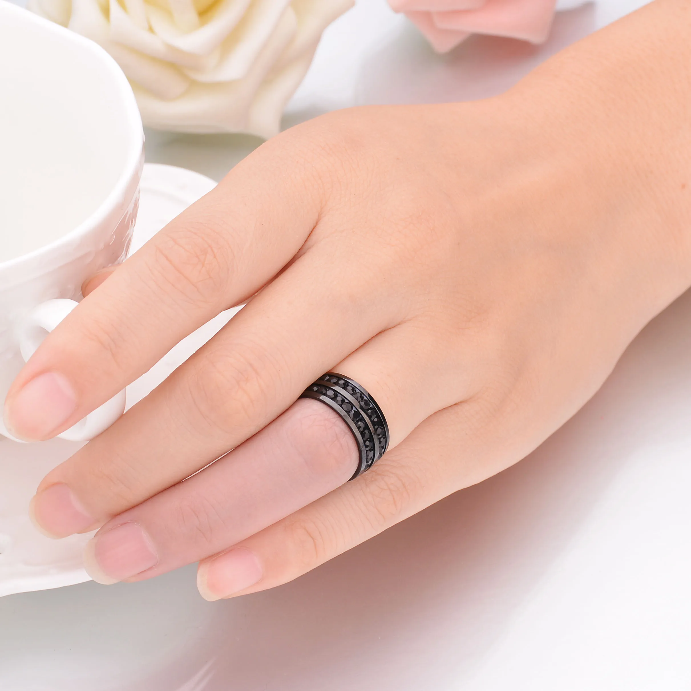 Atoztide Simples 8mm de Aço Inoxidável de 2 Linhas Linha Clara Zircão Anéis de Moda Rodada Amor Midi Dedo de Jóias de Casamento Presente Para o Amante Imagem 5