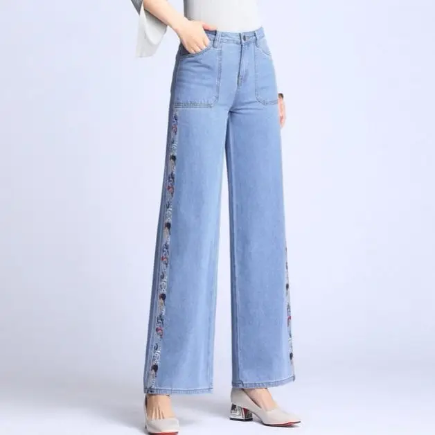 Bordado Jeans Reta feminino Calças, Em 2022, a Primavera e o Outono Jean Largas Roupas coreano Moda Grande Perna de Calça de Streetwear Y2k Imagem 2