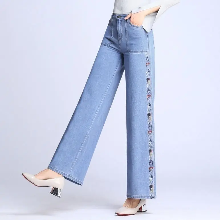 Bordado Jeans Reta feminino Calças, Em 2022, a Primavera e o Outono Jean Largas Roupas coreano Moda Grande Perna de Calça de Streetwear Y2k Imagem 3