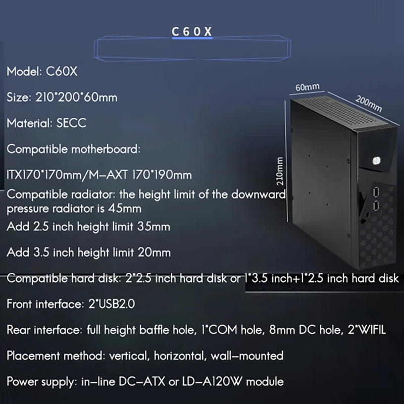 C60X Mini Computador Caso Pode Ser Montado na Parede USB2.0 ITX MATX Industrial de Controle de área de Trabalho HTPC Ruído de funcionamento Livre de Caso Imagem 2