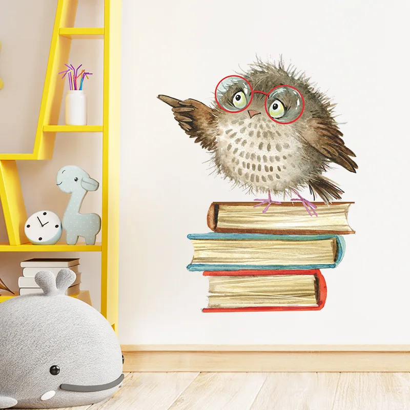 Cartoon adesivos de parede coruja de estudo do livro de quarto, sala de crianças do jardim de infância sala de decoração, acessórios pegatinas de pared Imagem 1