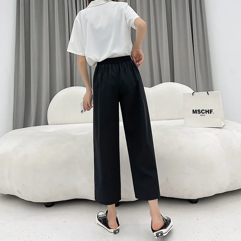 Casual Calças para Mulheres de Verão Cintura Alta Fêmeas Novo Respirável Minimalista Vintage de Todos-jogo Elastic da cintura Armar Estilo coreano Moderno Imagem 1