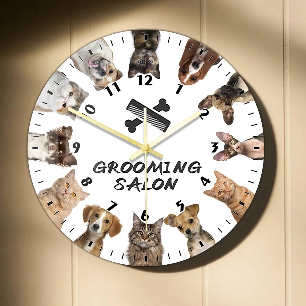 Cat E Dog Grooming Salão de Impressão Personalizadas Relógio de Parede para a Clínica veterinária Pet Rastelo Loja de Parede Decorativos Sinal de Silêncio Relógio de Parede Imagem 1