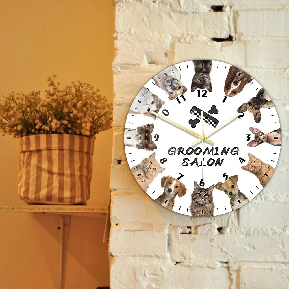 Cat E Dog Grooming Salão de Impressão Personalizadas Relógio de Parede para a Clínica veterinária Pet Rastelo Loja de Parede Decorativos Sinal de Silêncio Relógio de Parede Imagem 2