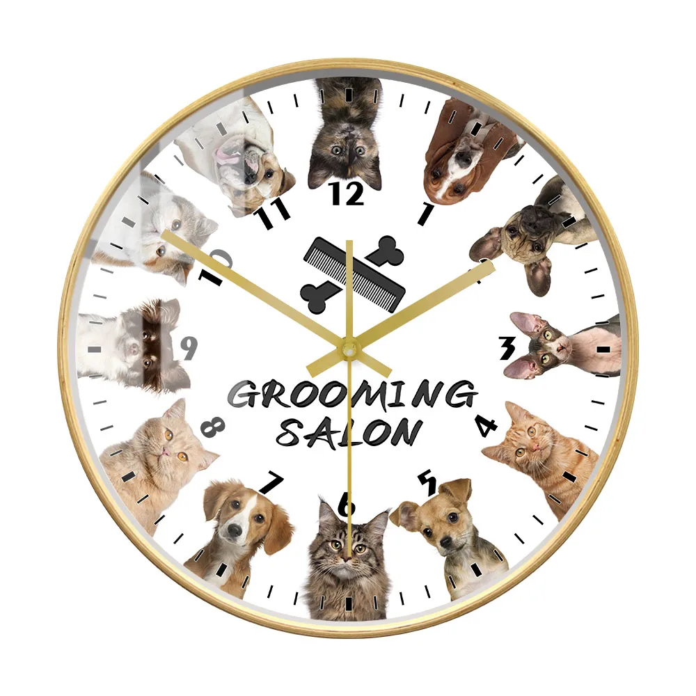 Cat E Dog Grooming Salão de Impressão Personalizadas Relógio de Parede para a Clínica veterinária Pet Rastelo Loja de Parede Decorativos Sinal de Silêncio Relógio de Parede Imagem 3