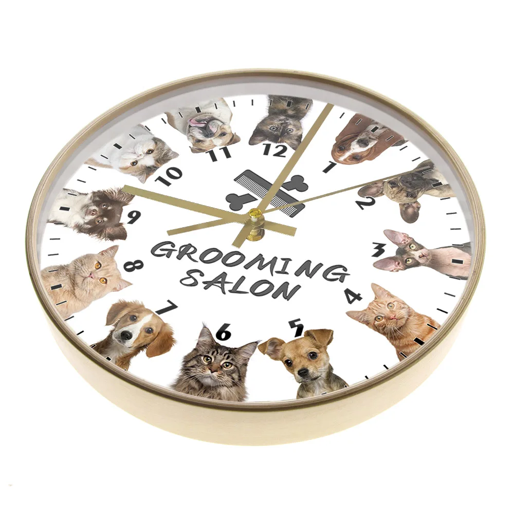 Cat E Dog Grooming Salão de Impressão Personalizadas Relógio de Parede para a Clínica veterinária Pet Rastelo Loja de Parede Decorativos Sinal de Silêncio Relógio de Parede Imagem 5
