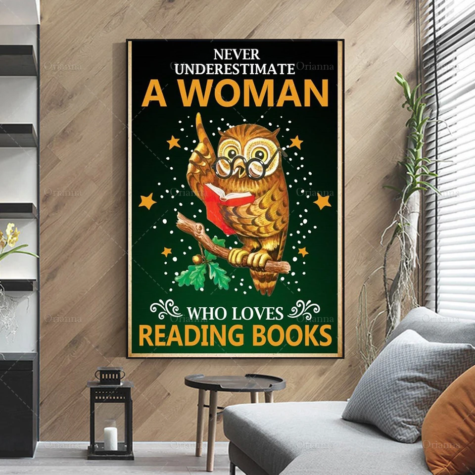 Coruja - Nunca Subestime Uma Mulher Que Ama Ler Livros Cartaz, Os Amantes Do Livro, Bookworm, Casa Moderna Decoração De Arte De Parede De Lona Imagem 1