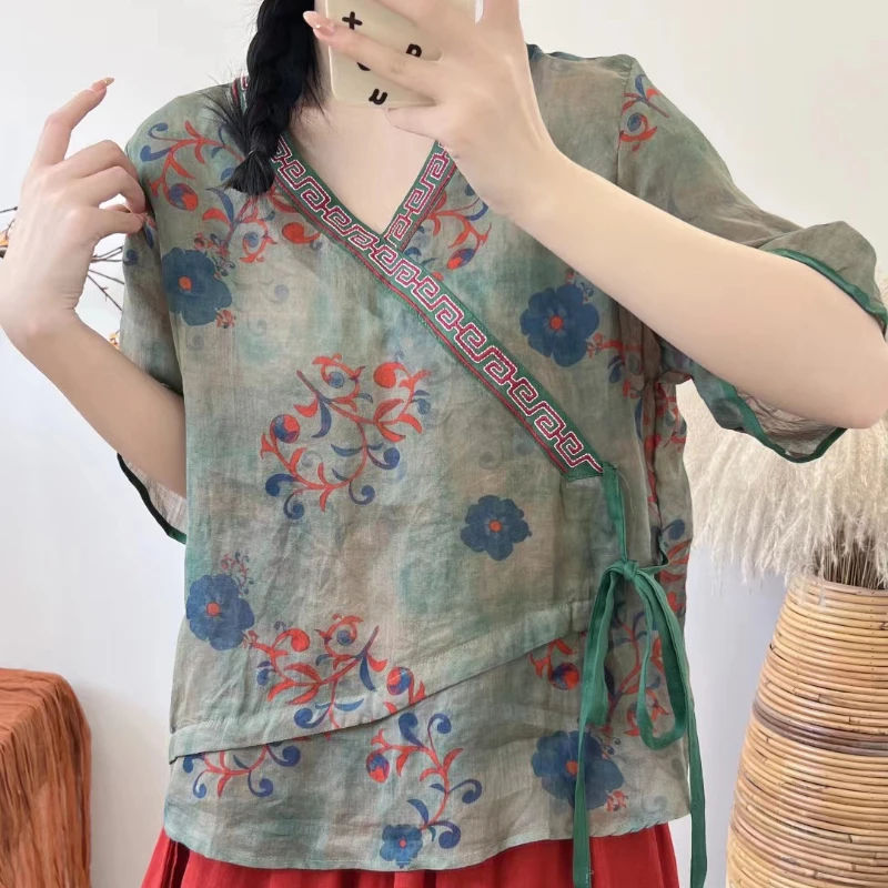 Cópia do Vintage Floral T-Shirts e Tops Mulheres de Pescoço de V Rami Verão Camisetas de Manga Curta Estilo Chinês Solta Inclinado Carcela de Camisas Imagem 2