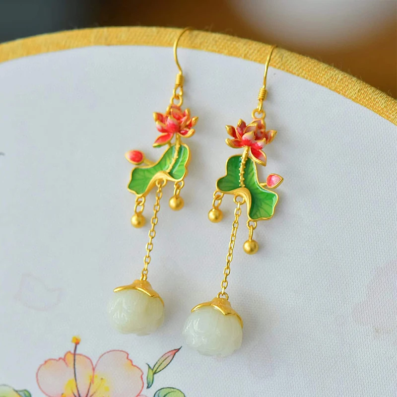Design Original hetian jade lotus bead brincos para mulheres longo de estilo Chinês, o esmalte de porcelana folha de lótus de jóias de prata de presente Imagem 2