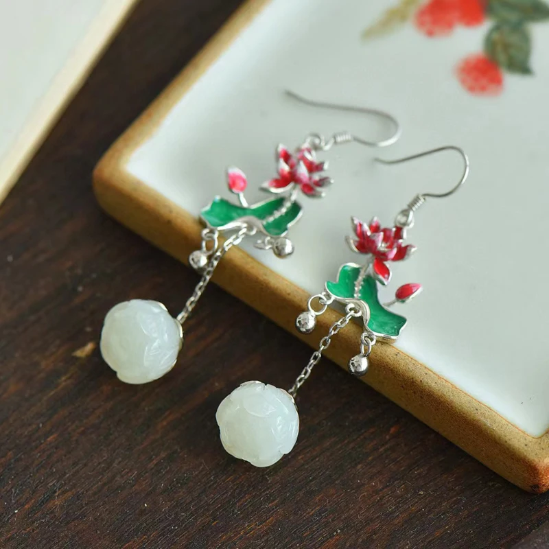 Design Original hetian jade lotus bead brincos para mulheres longo de estilo Chinês, o esmalte de porcelana folha de lótus de jóias de prata de presente Imagem 3