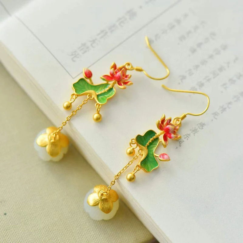 Design Original hetian jade lotus bead brincos para mulheres longo de estilo Chinês, o esmalte de porcelana folha de lótus de jóias de prata de presente Imagem 4