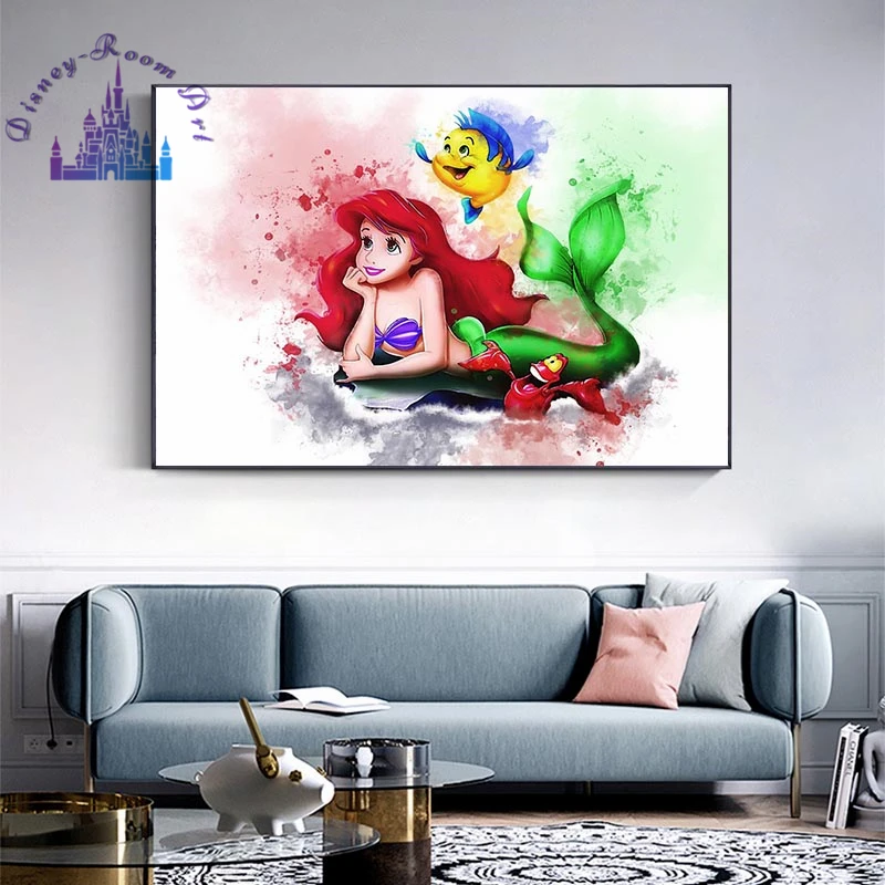 Disney Ariel Sereia de Impressão de Tela de Pintura de Cartazes Aquarela Pequena Sereia obras de Arte Arte de Parede Pintura de Imagens para Decoração de Quarto Imagem 3