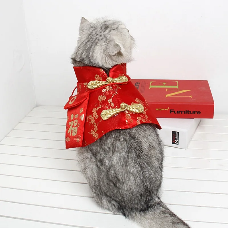Gato De Estimação Manto Chinesa Da Dinastia Tang Vestido De Pequeno Envelope Vermelho Festiva Manto Para Gatos, Cães De Pequeno Porte De Ano Novo Terno De Estimação Acessório Imagem 2