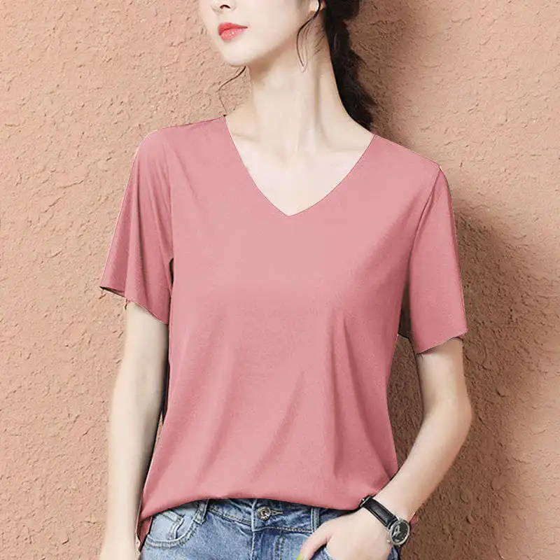 Gelo seda de manga curta t-shirt de verão de cor sólida mulheres seção fina da maré decote em V t-shirt versão coreana branco novo soltas topo Imagem 3