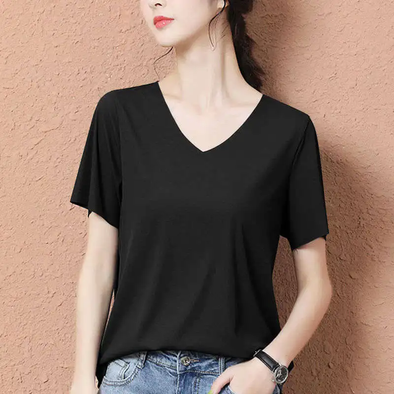 Gelo seda de manga curta t-shirt de verão de cor sólida mulheres seção fina da maré decote em V t-shirt versão coreana branco novo soltas topo Imagem 4
