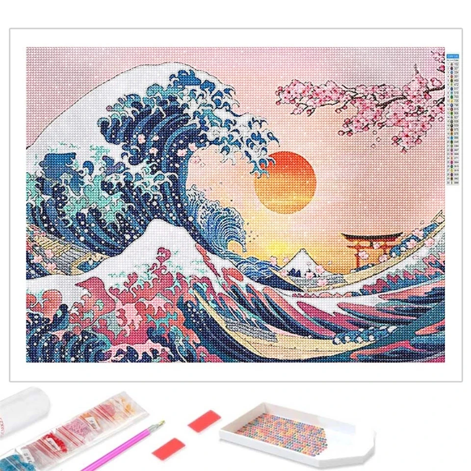 Grande Onda com o pôr do Sol e as Flores de Cerejeira 5D DIY Diamante Pintura de Kanagawa, a Arte de Bordar em Ponto Cruz Strass novidades Imagem 1
