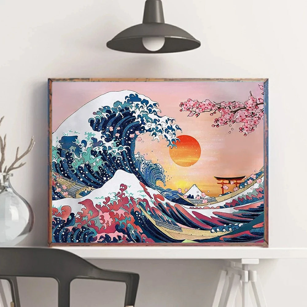Grande Onda com o pôr do Sol e as Flores de Cerejeira 5D DIY Diamante Pintura de Kanagawa, a Arte de Bordar em Ponto Cruz Strass novidades Imagem 2