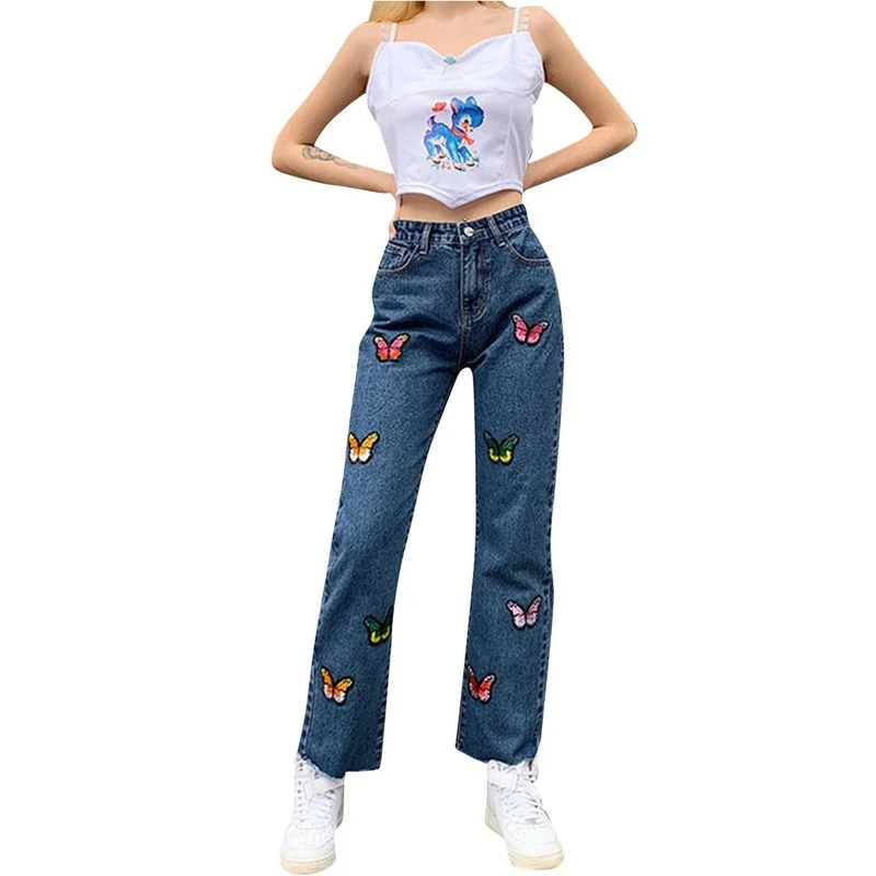 Harajuku Fashion Mulheres Primavera, Outono Soltas, Jeans, Calças De 2021 Cintura Alta Slim Borboleta Bordada Em Linha Reta Casual Jeans Clássico Imagem 2