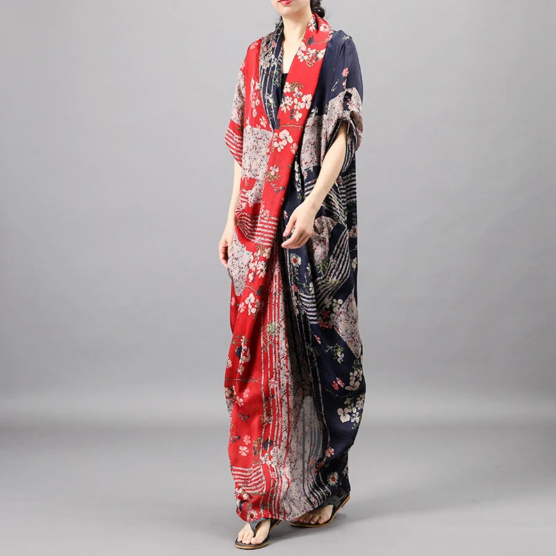 Harajuku imprimir as mulheres se vestem de personalidade gola vestidos longos soltos plus size de seda + algodão longo funda vestido vintage elegante manto Imagem 2