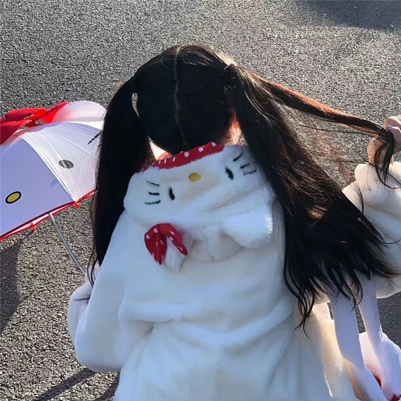 Hello Kitty Japonês Bonito Arco Peludos Jaqueta Com Capuz Anime Kawaii Soft De Inverno Quente Meninas Soltas Engrossado Cardigan Tops Anime De Pelúcia Imagem 2